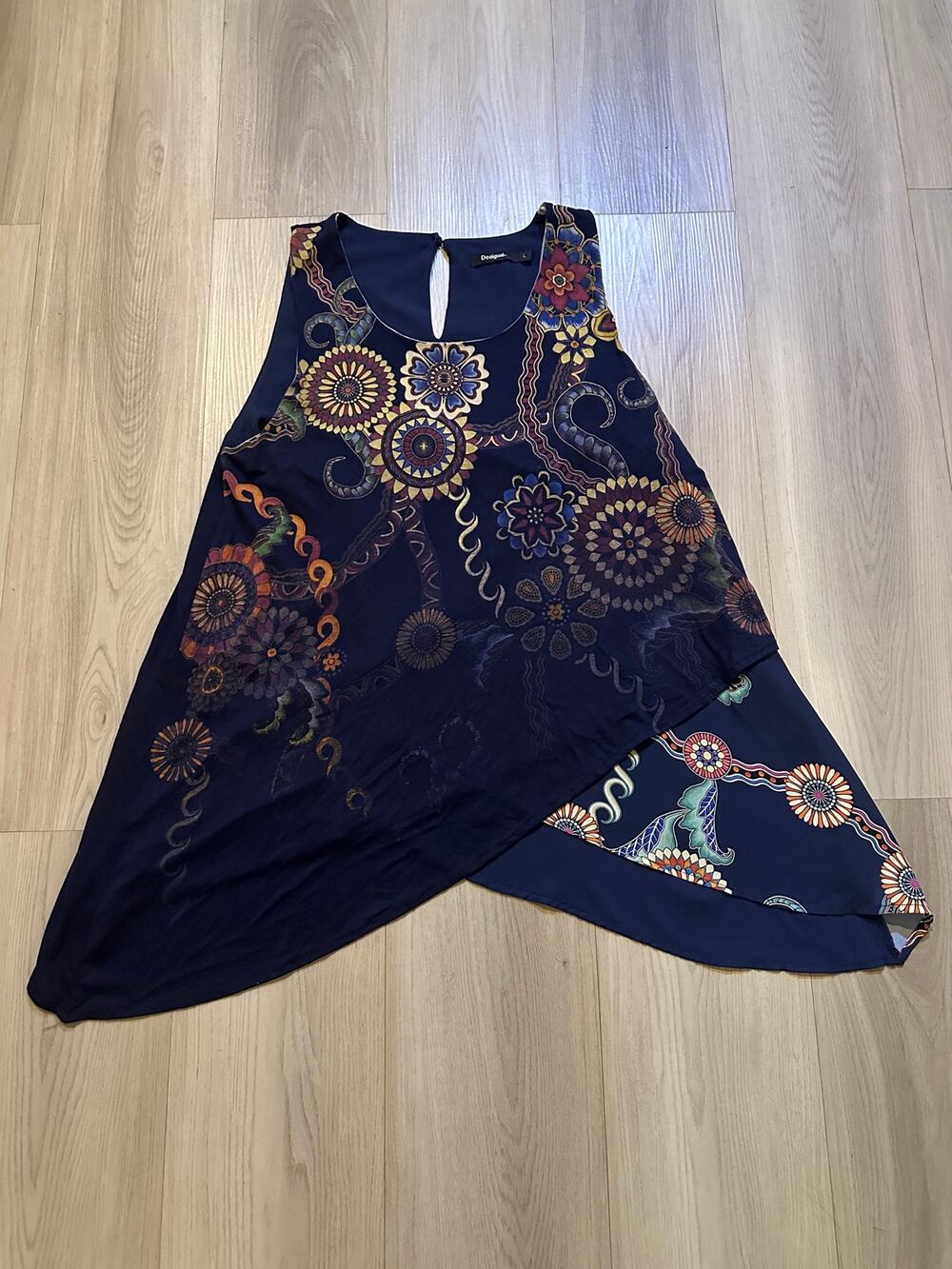 Desigual Navy Blue Asymmetric Layered Tank Top Large Mandala Floral